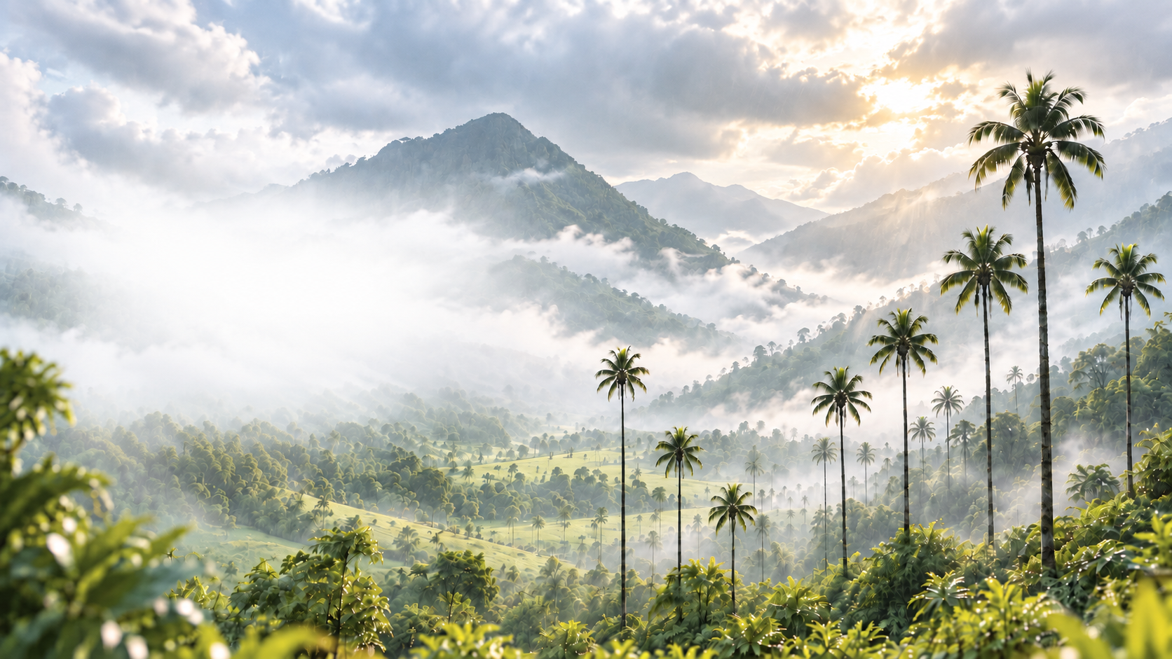 Green mountains rising through cloud in a tropical valley